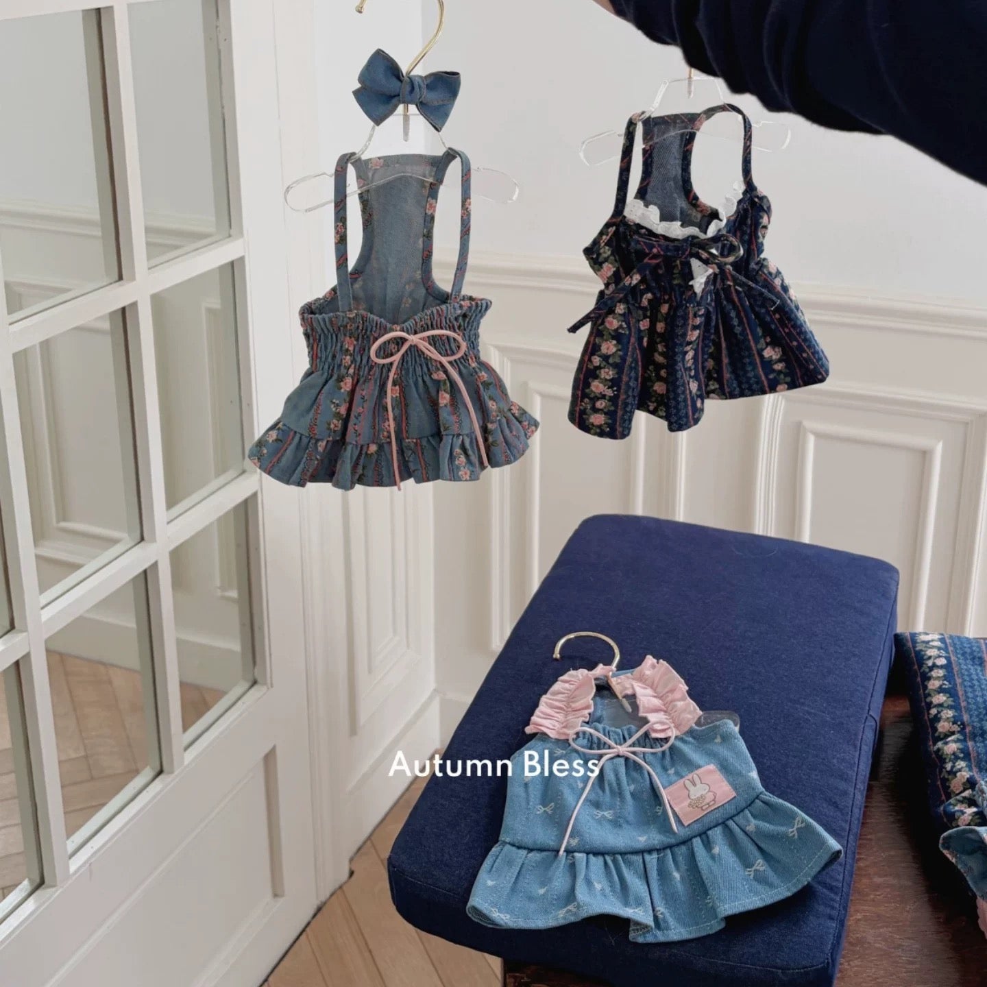 犬服 No.195 デニム風メッシュ夏のワンピース ハンドメイド Autumn Bless ヴィンテージフローラルデニムワンピース｜小型犬用 春夏