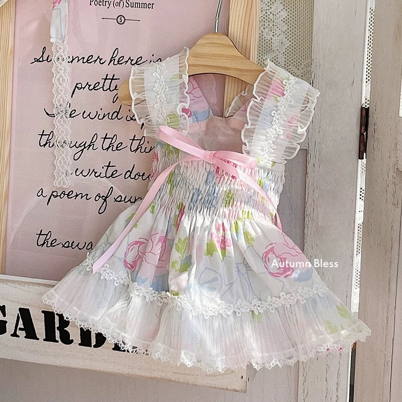Autumn Bless フレンチフラワー柄レース純綿ショルダードレス | French Floral Lace Shoulder Strap Dress