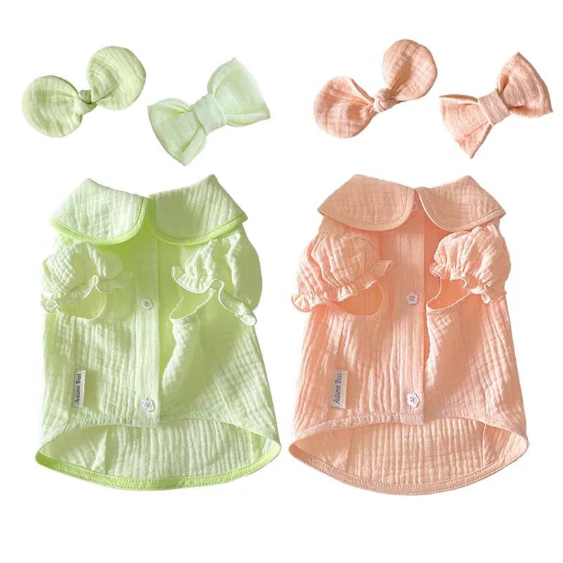 Autumn Bless リボン付きパフスリーブコットンシャツ | Cotton Blouse with Puff Sleeves