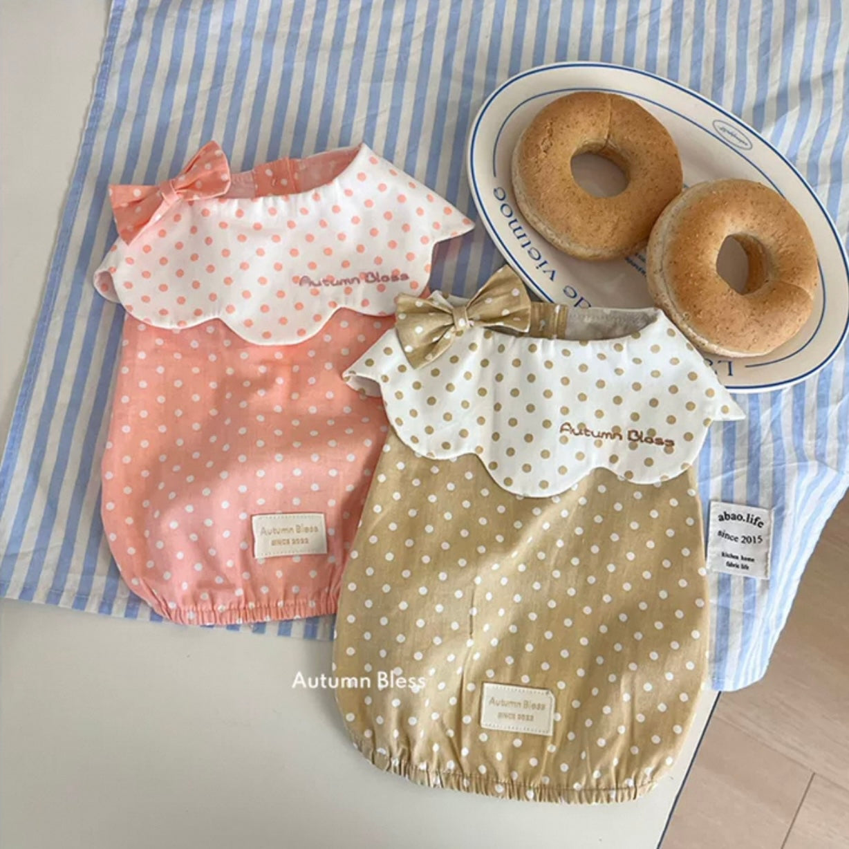 Autumn Bless ふんわりコットン水玉ブラウス&リボンヘアクリップセット | Cotton Polka Dot Ruffle Blouse with Matching Hair Clip
