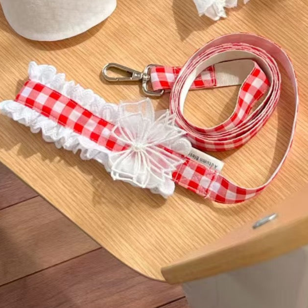 Autumn Bless チェックリボンキャップ&レースリード | Checkered Ribbon Cap & Lace Leash