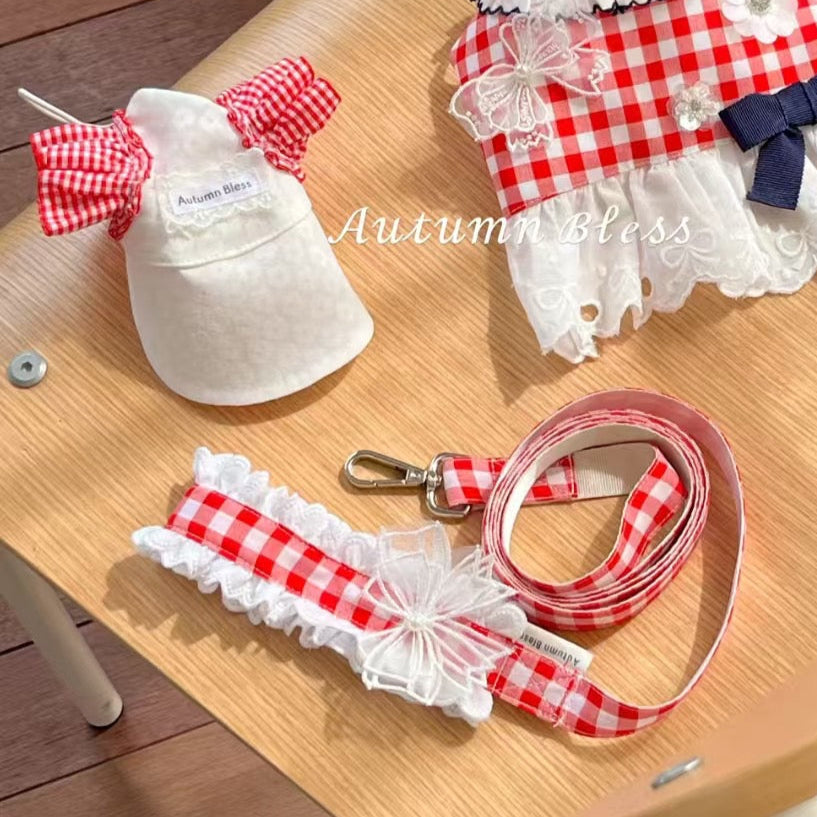 Autumn Bless チェックリボンキャップ&レースリード | Checkered Ribbon Cap & Lace Leash