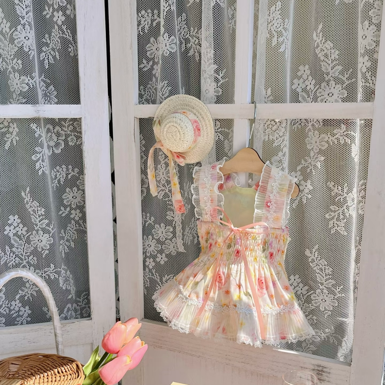 Autumn Bless フレンチフラワー柄レース純綿ショルダードレス | French Floral Lace Shoulder Strap Dress