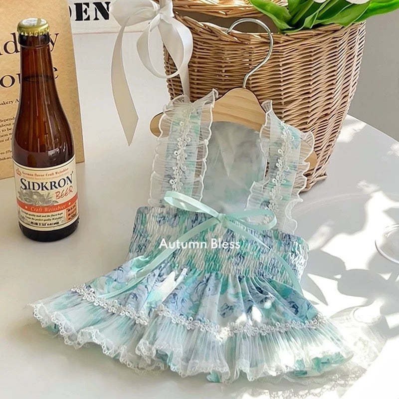 Autumn Bless フレンチフラワー柄レース純綿ショルダードレス | French Floral Lace Shoulder Strap Dress