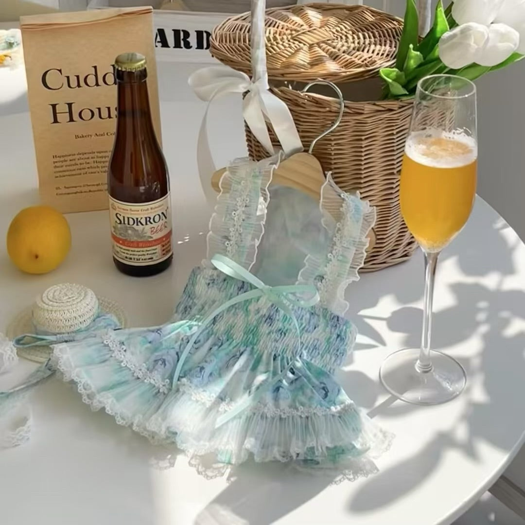 Autumn Bless フレンチフラワー柄レース純綿ショルダードレス | French Floral Lace Shoulder Strap Dress