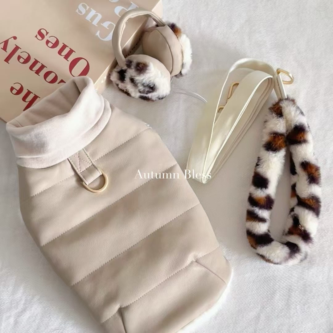 Autumn Bless ふわふわレオパードハンドルペットリード | Leopard Print Plush Handle Leash