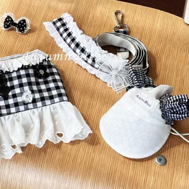 Autumn Bless チェックリボンキャップ&レースリード | Checkered Ribbon Cap & Lace Leash