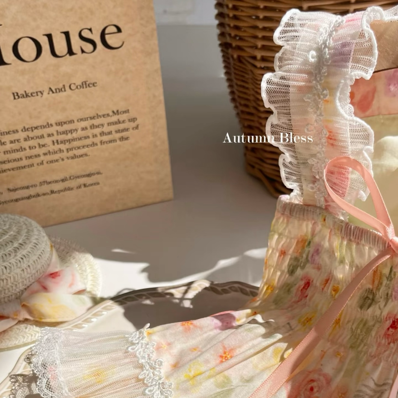 Autumn Bless フレンチフラワー柄レース純綿ショルダードレス | French Floral Lace Shoulder Strap Dress