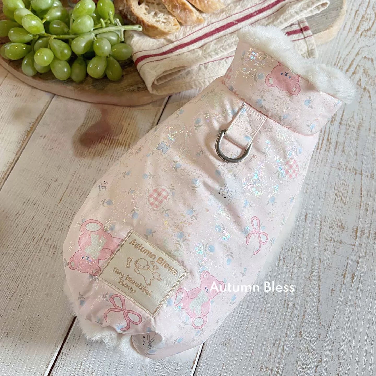 Autumn Bless ふわもこ冬あったかジャケット – テディ柄／キルティングブルー | Furry Cozy Winter Jacket – Teddy Print & Quilted Blue