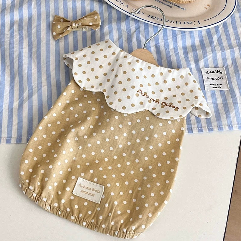Autumn Bless ふんわりコットン水玉ブラウス＆リボンヘアクリップセット | Cotton Polka Dot Ruffle Blouse with Matching Hair Clip