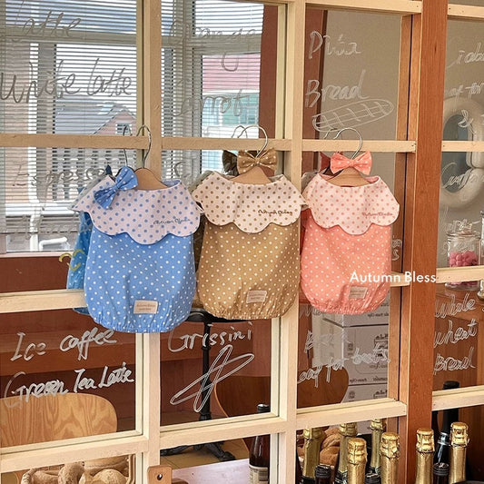 Autumn Bless ふんわりコットン水玉ブラウス＆リボンヘアクリップセット | Cotton Polka Dot Ruffle Blouse with Matching Hair Clip