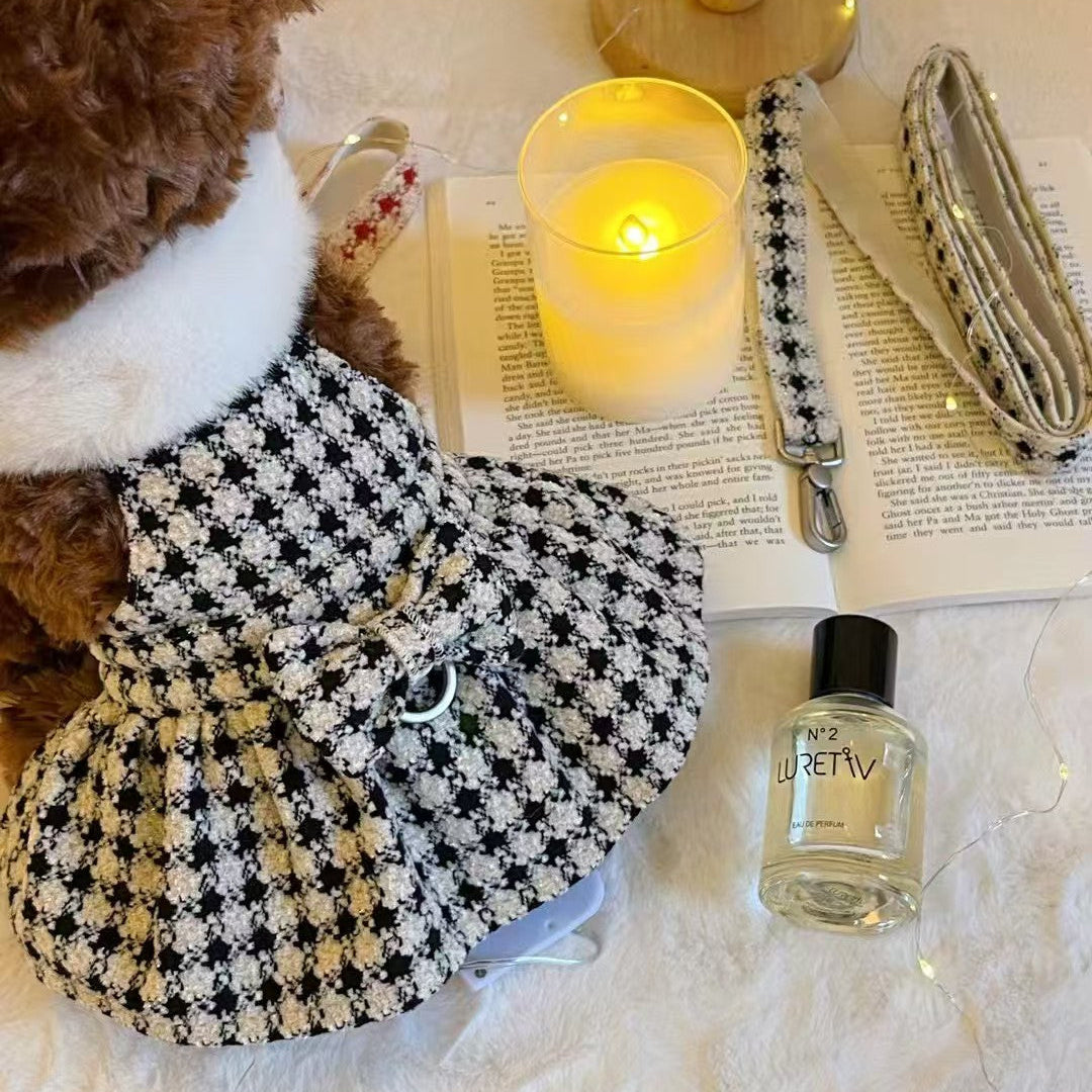 Autumn Bless クリスマス千鳥柄ふわもこハーネスワンピース（Dリング付き）| Christmas Houndstooth Fur Harness Dress – D-Ring Design