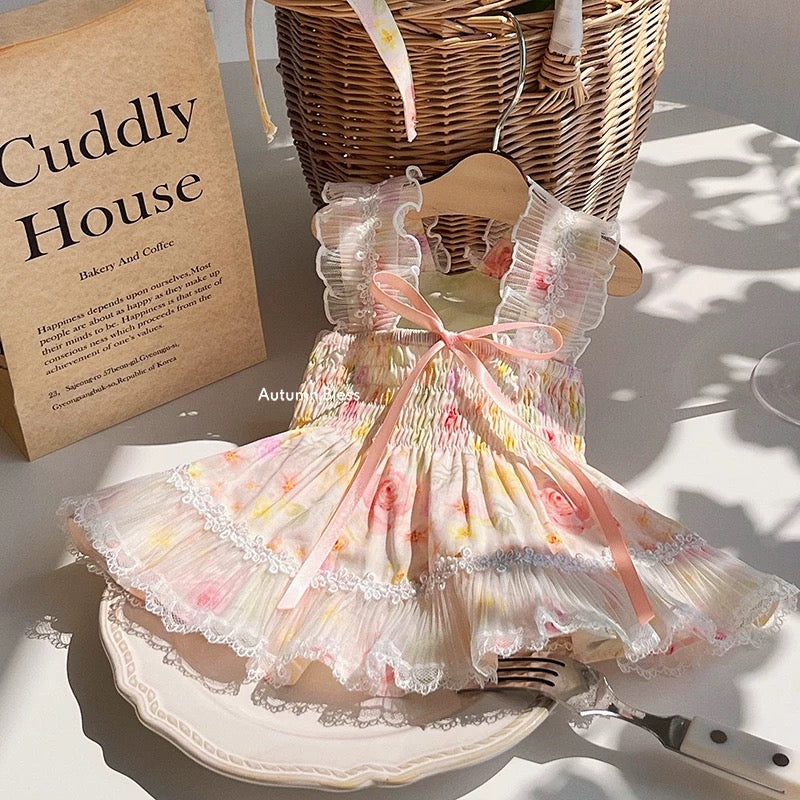 Autumn Bless フレンチフラワー柄レース純綿ショルダードレス | French Floral Lace Shoulder Strap Dress