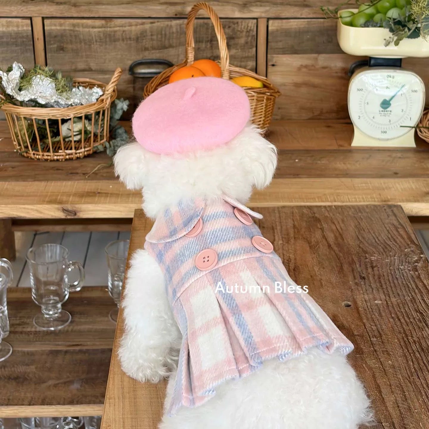 Autumn Bless French Wool Plaid Dress &amp; Beret Set 