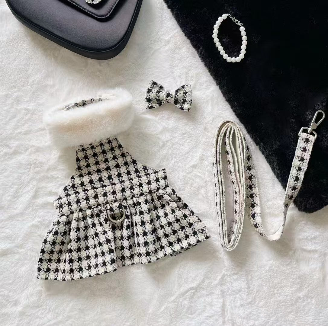 Autumn Bless クリスマス千鳥柄ふわもこハーネスワンピース（Dリング付き）| Christmas Houndstooth Fur Harness Dress – D-Ring Design