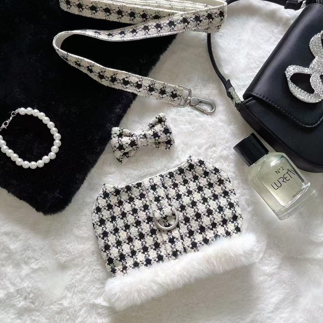 Autumn Bless クリスマススノーハウンドトゥースふわもこハーネス（Dリング付き）| Christmas Snowy Houndstooth Fur Harness – D-Ring Design