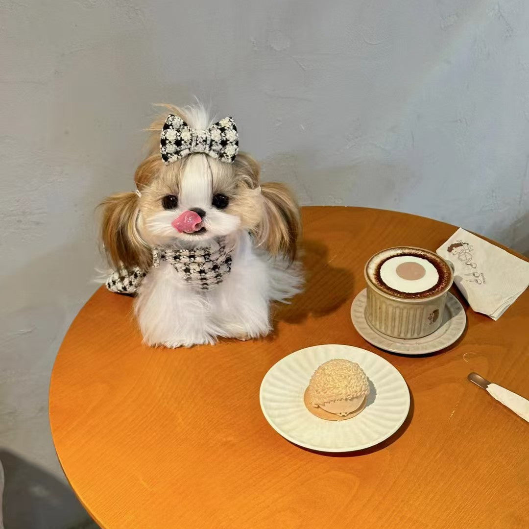 Autumn Bless クリスマス千鳥柄ふわもこハーネスワンピース（Dリング付き）| Christmas Houndstooth Fur Harness Dress – D-Ring Design