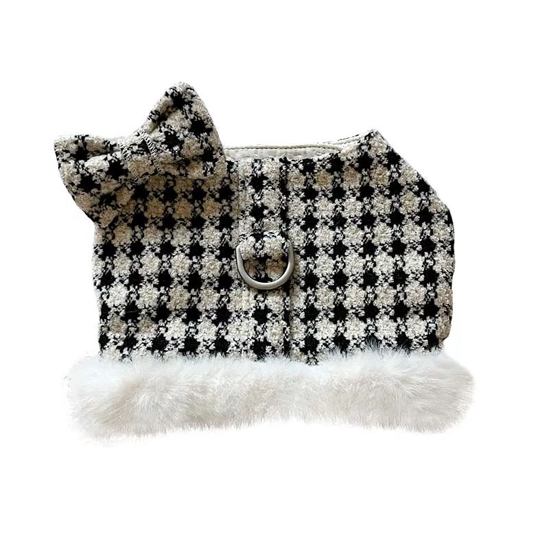Autumn Bless クリスマススノーハウンドトゥースふわもこハーネス（Dリング付き）| Christmas Snowy Houndstooth Fur Harness – D-Ring Design