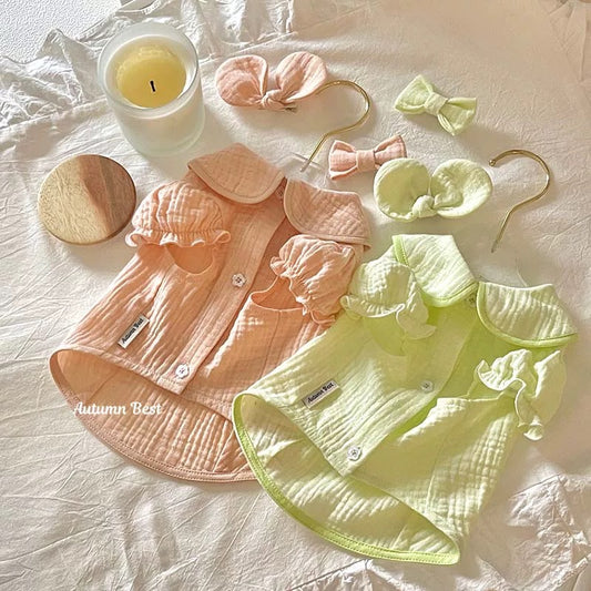 Autumn Bless リボン付きパフスリーブコットンシャツ | Cotton Blouse with Puff Sleeves