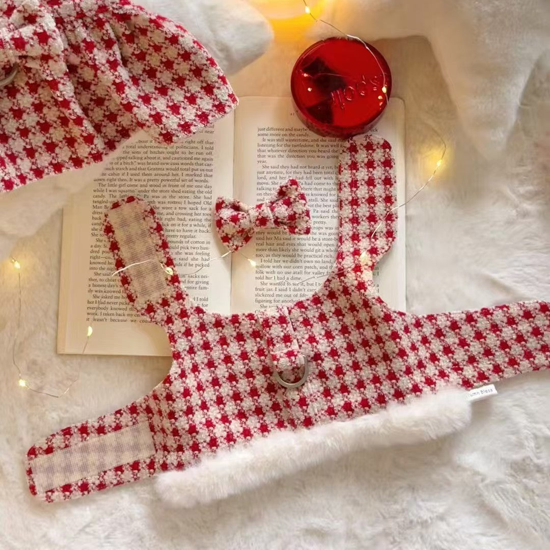Autumn Bless クリスマススノーハウンドトゥースふわもこハーネス（Dリング付き）| Christmas Snowy Houndstooth Fur Harness – D-Ring Design