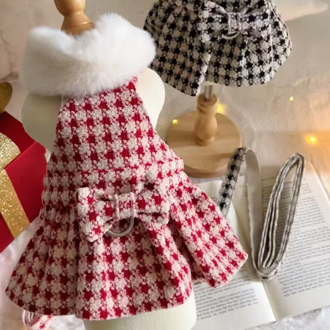 Autumn Bless クリスマス千鳥柄ふわもこハーネスワンピース（Dリング付き）| Christmas Houndstooth Fur Harness Dress – D-Ring Design