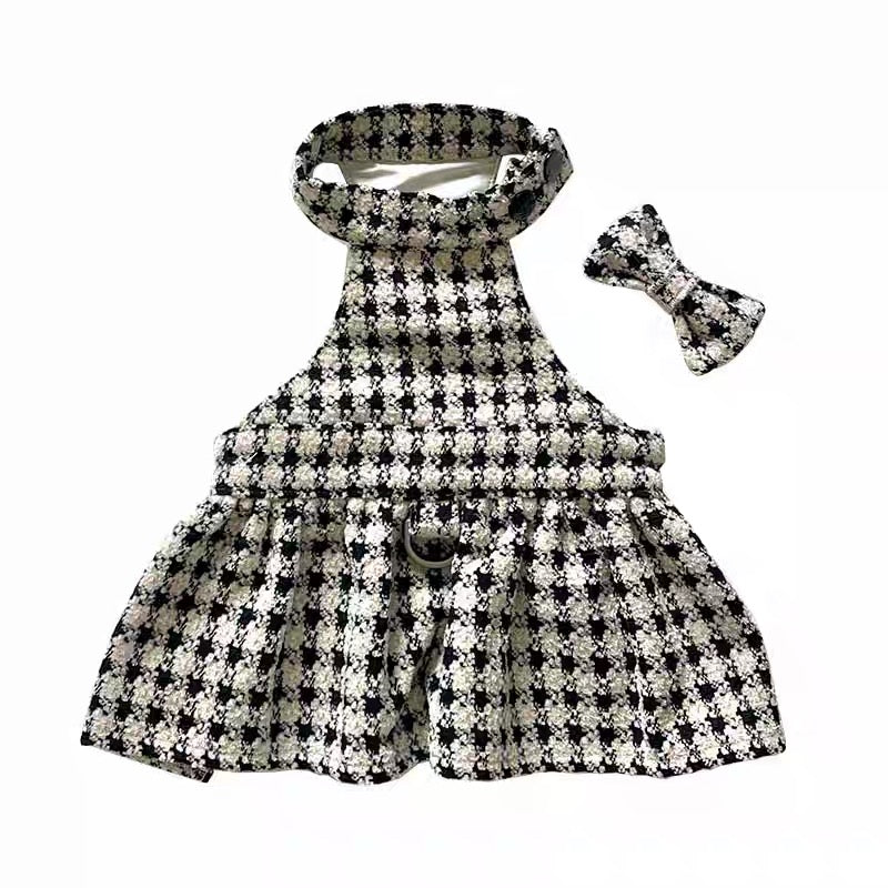 Autumn Bless クリスマス千鳥柄ふわもこハーネスワンピース（Dリング付き）| Christmas Houndstooth Fur Harness Dress – D-Ring Design