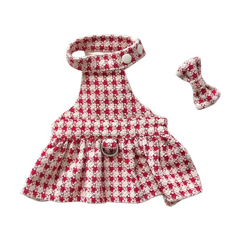 Autumn Bless クリスマス千鳥柄ふわもこハーネスワンピース（Dリング付き）| Christmas Houndstooth Fur Harness Dress – D-Ring Design