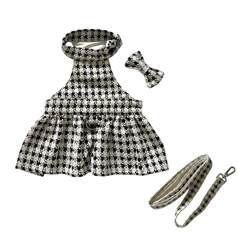 Autumn Bless クリスマス千鳥柄ふわもこハーネスワンピース（Dリング付き）| Christmas Houndstooth Fur Harness Dress – D-Ring Design