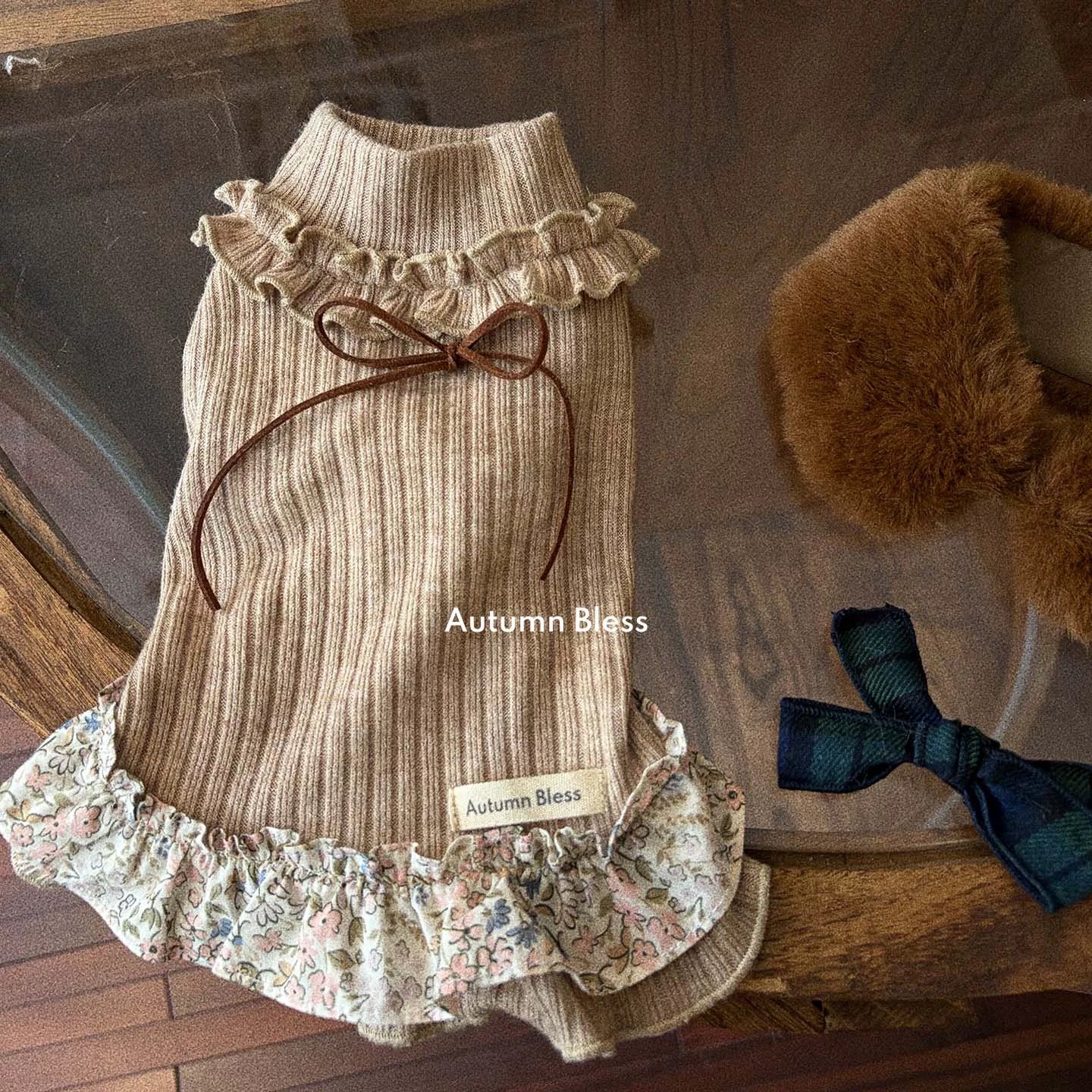 Autumn Bless スウィートニットリボンドレス – チェック／小花柄 | Sweet Knit Ribbon Dress – Plaid / Floral